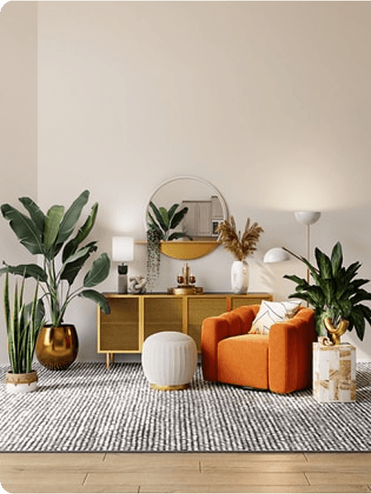 Modern interior design with orange furniture and plants
